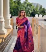 Purple paithani silk blend saree with zari weaving meenakari border