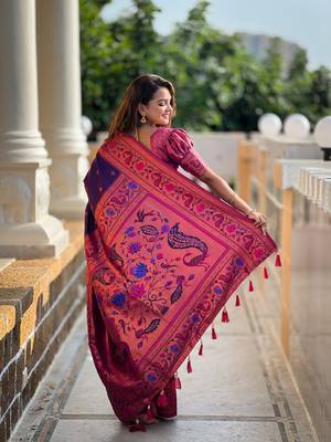 Purple paithani silk blend saree with zari weaving meenakari border 2