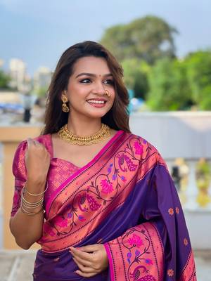 Purple paithani silk blend saree with zari weaving meenakari border 3