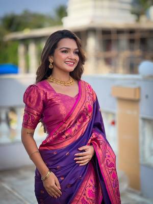 Purple paithani silk blend saree with zari weaving meenakari border 4