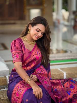 Purple paithani silk blend saree with zari weaving meenakari border 5