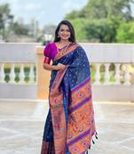 Blue paithani silk blend saree with zari weaving meenakari border