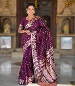 Red banarasi silk blend saree with zari weaving meenakari border