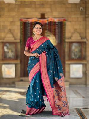 Aquablue paithani silk blend saree with zari weaving meenakari border 1