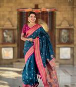 Aquablue paithani silk blend saree with zari weaving meenakari border