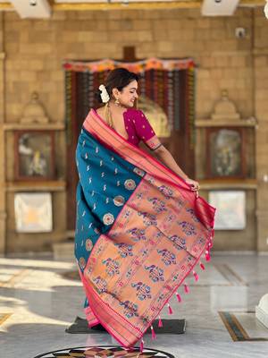 Aquablue paithani silk blend saree with zari weaving meenakari border 2