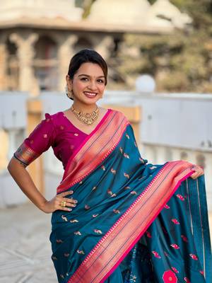 Aquablue paithani silk blend saree with zari weaving meenakari border 4