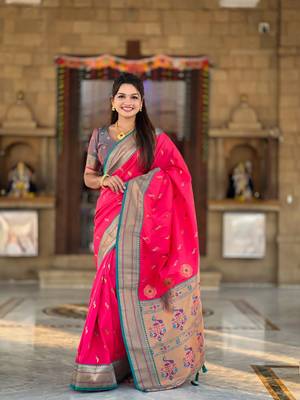 Pink paithani silk blend saree with zari weaving meenakari border 1