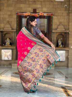 Pink paithani silk blend saree with zari weaving meenakari border 2