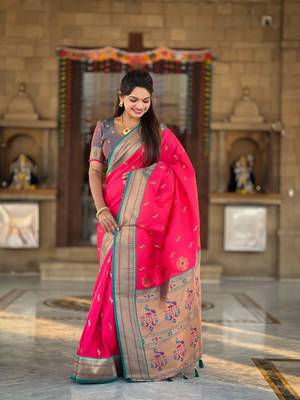 Pink paithani silk blend saree with zari weaving meenakari border 3