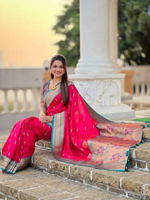 Pink paithani silk blend saree with zari weaving meenakari border 4