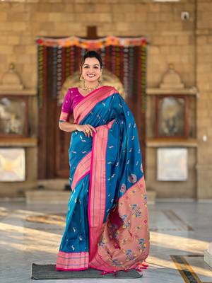 Blue paithani silk blend saree with zari weaving meenakari border 1