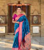 Blue paithani silk blend saree with zari weaving meenakari border
