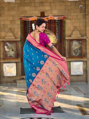 Blue paithani silk blend saree with zari weaving meenakari border 2