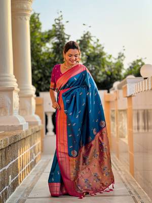 Blue paithani silk blend saree with zari weaving meenakari border 3