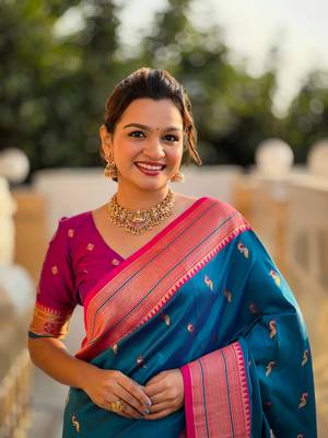 Blue paithani silk blend saree with zari weaving meenakari border 4
