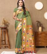 Green paithani silk blend saree with zari weaving meenakari border