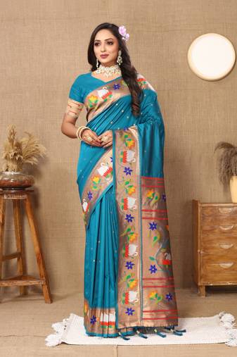 Sky paithani silk blend saree with zari weaving  meenakari border