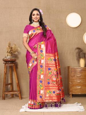 Light pink paithani silk blend saree with zari weaving meenakari border 1