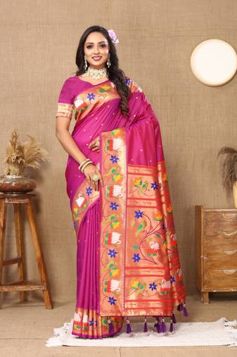 Light pink paithani silk blend saree with zari weaving  meenakari border