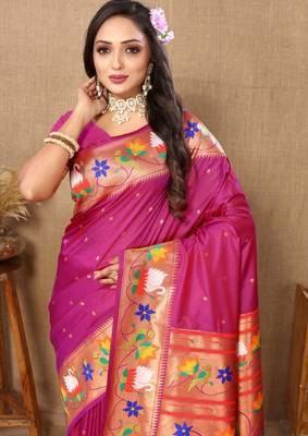 Light pink paithani silk blend saree with zari weaving meenakari border 3