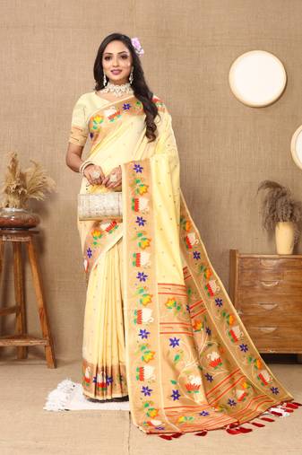 Off white paithani silk blend saree with zari weaving  meenakari border