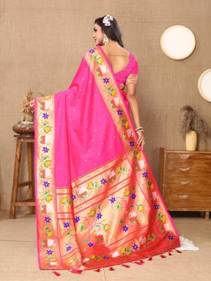Pink paithani silk blend saree with zari weaving meenakari border 2