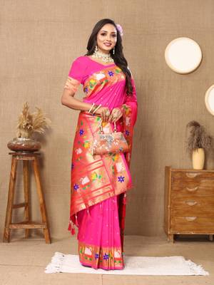 Pink paithani silk blend saree with zari weaving meenakari border 3