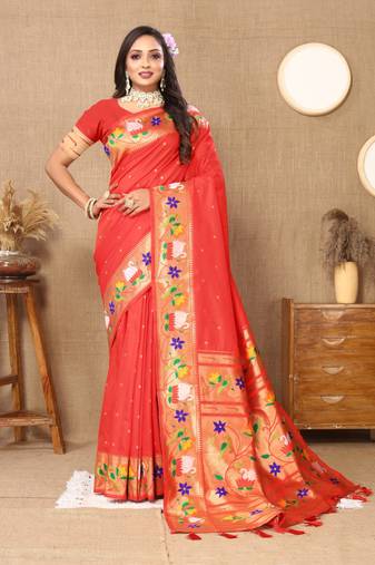 Orange paithani silk blend saree with zari weaving  meenakari border