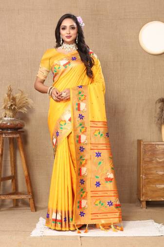 Yellow paithani silk blend saree with zari weaving  meenakari border