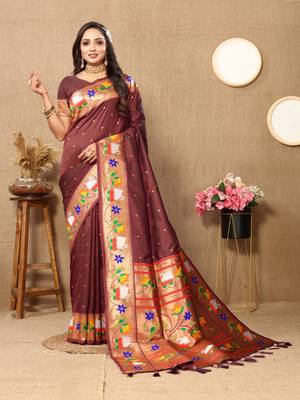 Brown paithani silk blend saree with zari weaving meenakari border 1