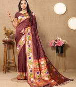 Brown paithani silk blend saree with zari weaving meenakari border