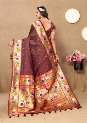 Brown paithani silk blend saree with zari weaving meenakari border 2