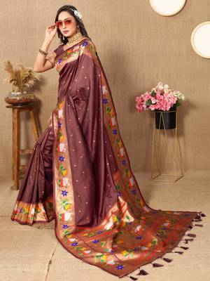 Brown paithani silk blend saree with zari weaving meenakari border 3