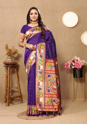 Lavender paithani silk blend saree with zari weaving meenakari border 1