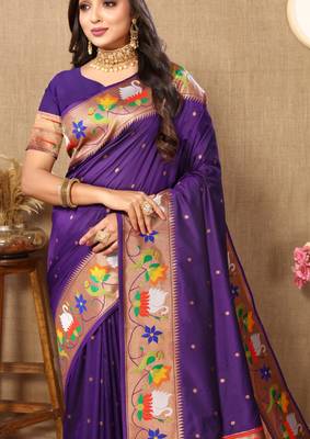 Lavender paithani silk blend saree with zari weaving meenakari border 3