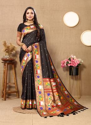Black paithani silk blend saree with zari weaving meenakari border 1