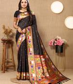 Black paithani silk blend saree with zari weaving meenakari border