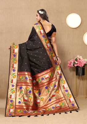 Black paithani silk blend saree with zari weaving meenakari border 2