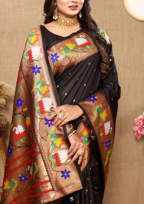 Black paithani silk blend saree with zari weaving meenakari border 3