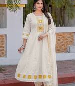 Embroidered Thread Work Pure Cotton Anarkali Kurta With Trousers & Dupatta