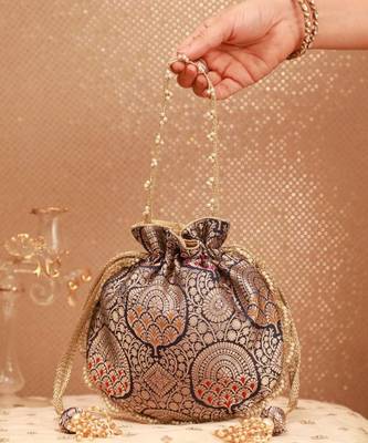 Kashi pure banarasi silk potli - navy 3
