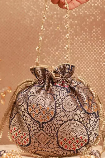 Kashi pure banarasi silk potli - navy