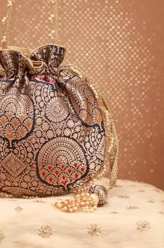 Kashi pure banarasi silk potli - navy