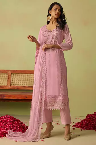 Baby pink pure organza embroidered salwar suit