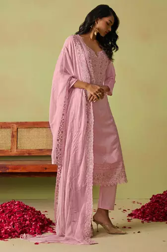 Baby pink pure organza embroidered salwar suit
