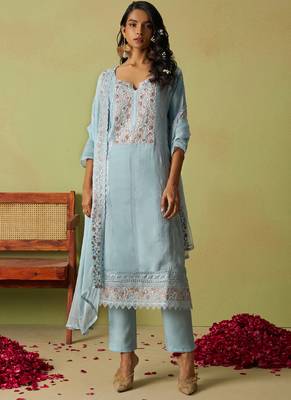Sky blue pure organza embroidered salwar suit 1