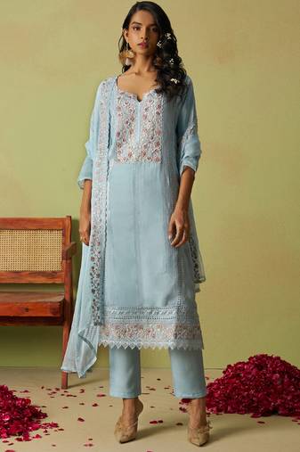 Sky blue pure organza embroidered salwar suit