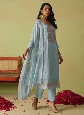 Sky blue pure organza embroidered salwar suit 3