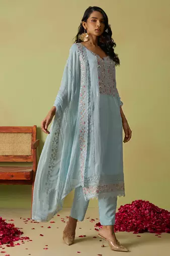 Sky blue pure organza embroidered salwar suit